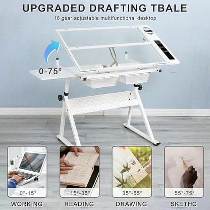 LifeSky Drafting Table Adjustable for Artists - Art Drawing Desk with Storage for Painting Sketching - Glass Top for Painters Illustrators Cartoonists White