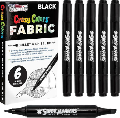 Super Markers Black Dual Tip Fabric & T-Shirt Markers, Set of 6 - Double-Ended with Chisel Point and Fine Point Tips - Permanent Vibrant Ink - Outline Clothing Designs Decorate Clothes