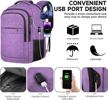 Lapsouno Travel Backpack, Travel Laptop Backpack, Multiple Pockets 15.6 Inch Carry on Backpack with USB Port, TSA Friendly Water Resistant College School Business Bag for Women, Purple