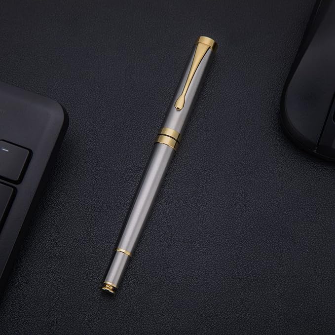 BEILUNER Ballpoint Pens, Stunning Silver Chrome Metal Pen with Golden Trim, Best Ball Pen Gift Set for Men & Women, Professional, Executive, Office, Nice Pens-Gift Box with 0.5mm Extra Black Refill