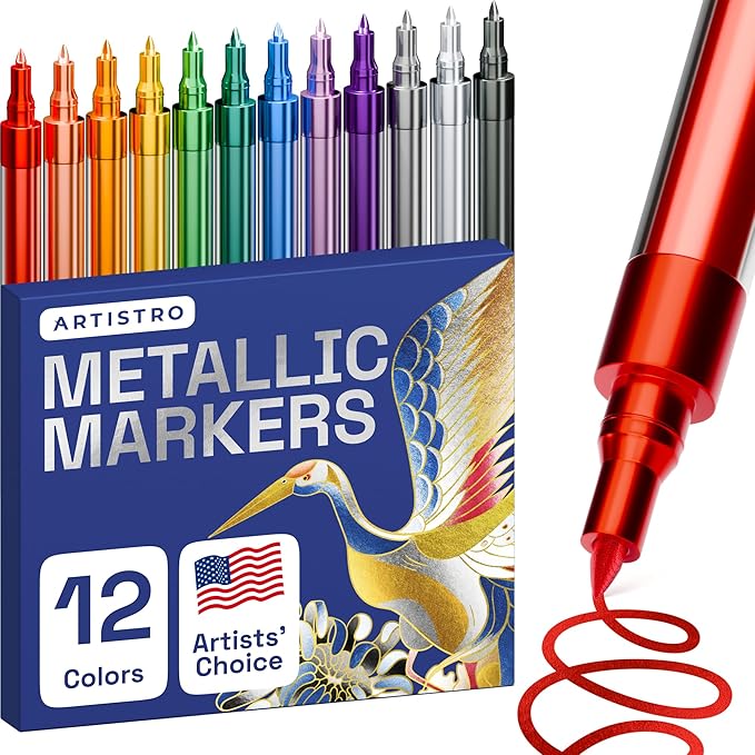 ARTISTRO Metallic Paint Pens for Rock Painting, Stone, Ceramic, Glass, Wood, Fabric, Pebbles, Scrapbook Journals, Photo Albums, Card Stocks. Set of 12 Acrylic Paint Markers Extra-Fine Tip 0.7mm