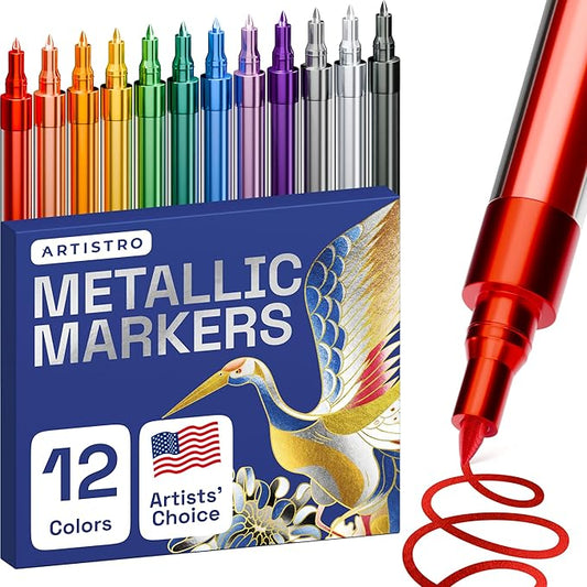 ARTISTRO Metallic Paint Pens for Rock Painting, Stone, Ceramic, Glass, Wood, Fabric, Pebbles, Scrapbook Journals, Photo Albums, Card Stocks. Set of 12 Acrylic Paint Markers Extra-Fine Tip 0.7mm