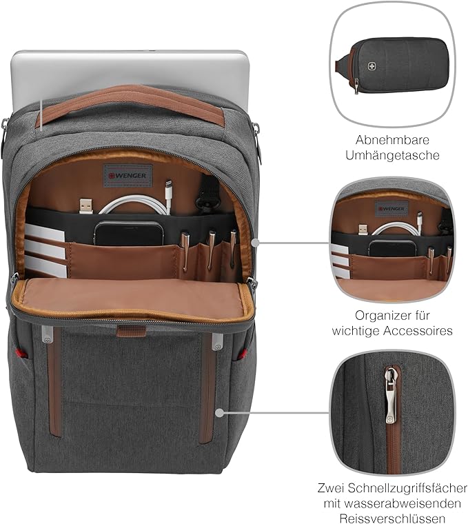 Wenger City Upgrade Laptop Backpack with Cross Body Day Bag 40.64 cm 16 Inches Grey