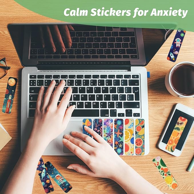 72 Pieces Anxiety Sensory Stickers with Storage Box - Calming Stickers 2 Textured Surface - Fidget Strips for Office & Classroom Desk Adult & Teen Stress (Cartoon)