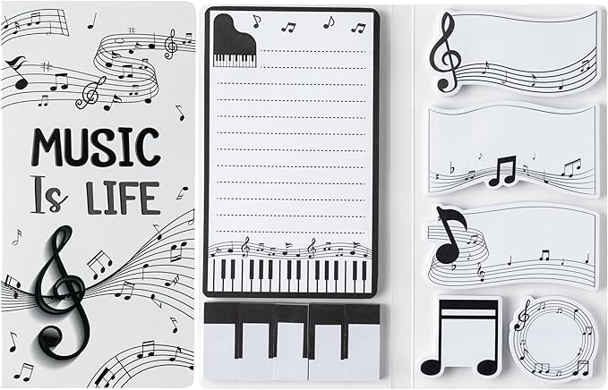 B1ykin Sticky Notes Set - Cartoon Theme Cute Self-Stick Notes Pad Teacher Appreciation Gifts， Self-Adhesive Writing Memo Pages Sticky to Do Notepad for Kids Employee School Office (Music is Life)