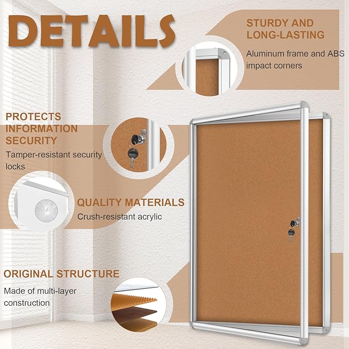 Magula 36"x24" Enclosed Cork Bulletin Board Tamper-Proof Dispaly Case, Aluminium Frame, Shatter Resistant Lockable Bulletin Board, Enclosed Cork Board for School, Office, Commercial, Hospital etc