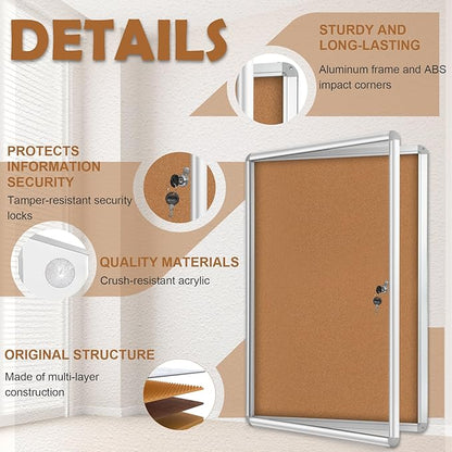 Magula 36"x24" Enclosed Cork Bulletin Board Tamper-Proof Dispaly Case, Aluminium Frame, Shatter Resistant Lockable Bulletin Board, Enclosed Cork Board for School, Office, Commercial, Hospital etc