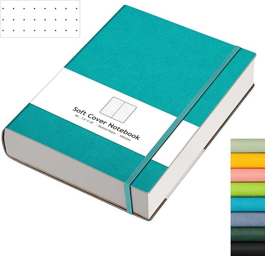 AHGXG Bullet Dotted Journal - 320 Pages Dot Grid Notebook B5 Large Journal, 7.6'' X 10'', 100gsm Thick Dotted Paper, Leather Softcover, with Journal Stencils, Inner Pocket - Cyan