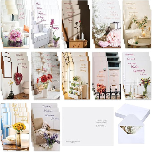 36 Sets Christian Get Well Soon Cards with Scripture Assorted Religious Bible Verse Wishing You Well Greeting Cards with Envelope(Various Floral)