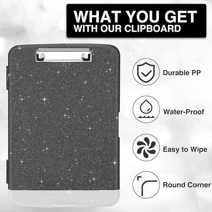 Sooez Glitter Clipboard with Storage, High Capacity Storage Clipboard with Pen Holder, Cute Clip Boards 8.5x11 with Low Profile Clip, Sparkle Plastic Clipboard Case Box for Women & Kids, Side Opening