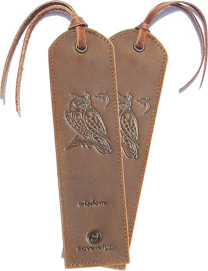 Leather Bookmarks for Men and Women | Quality Mens Bookmark with Wise Owl | 2 Smooth Handmade Leather Book Markers for Men Women Book Lovers Readers (7x2) Leather Gift | Sovereign-Gear