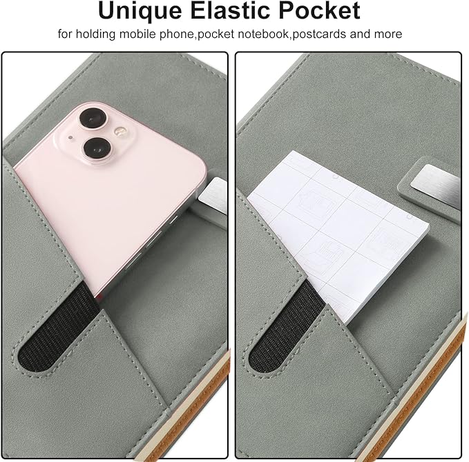 A5 Lined Leather Journal with Pen, 240 Pages Refillable Hardcover Notebook with Pocket and Magnetic Buckle, 80gsm Thick Daily Diary for Men and Women, Great Gift for Business Travel Personal - Gray