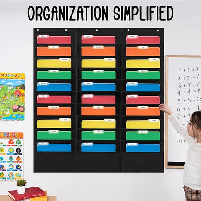 30 Pocket File Pocket Chart, Black, 42" Wide x 47" Tall - Versatile Wall Hanging File Folder Organizer for Classroom, Office, Home, and More - Wall Folder Organizer - 30 Pockets