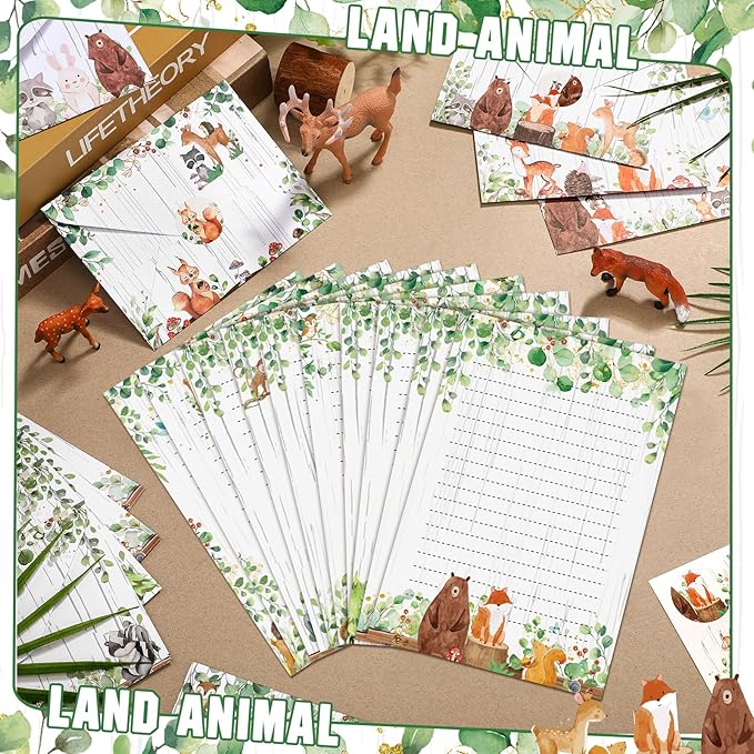 TaoBary 160 Packs Stationery Paper Set (50 Double Sided Stationery Writing Papers 50 Matching Envelopes) 60 Round Dot Sticker, 10 Design(Land Animal,5.5 x 8.25 Inch)