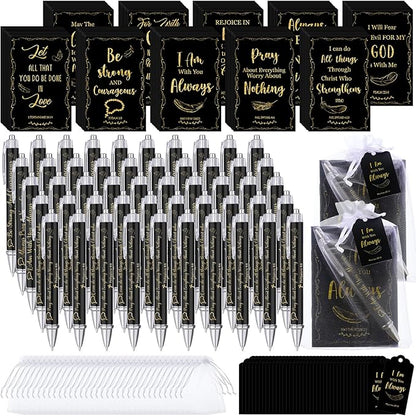 200 Pcs Bible Verse Sets Church Christian Gift Include 50 Scripture Notebooks 50 Bible Bamboo Pens 50 Thanks Tags 50 Organza Bags for Women Man Christian Party Gifts(Black,Fresh)