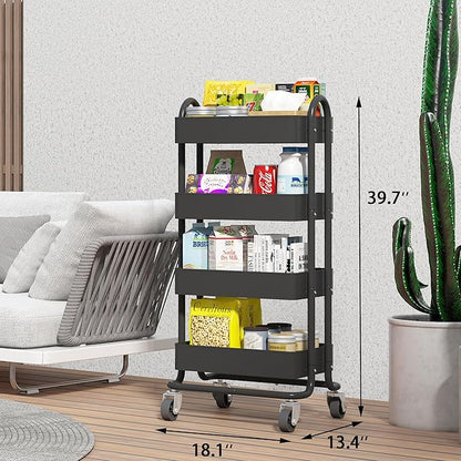 4-Tier Black Rolling Cart,Metal Rolling Utility Cart with Handle,Multifunction Rolling Carts with Wheels,Kitchen Storage Carts Suitable for Office,Home,Kitchen,Garden（13.4"x18.1"x40"） Black