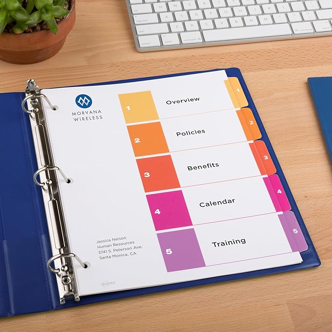 Avery 5 Tab Dividers for 3 Ring Binders, Customizable Table of Contents, Multicolor Tabs, 1 Set (11131)