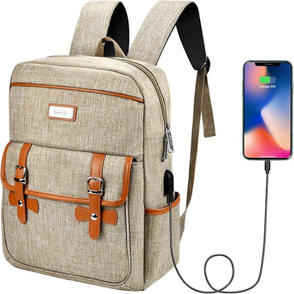 Nicole Miller Travel Laptop Backpack-Business Anti Theft Vintage Backpack with USB Charging Port-Water Resistant Computer Bag (Tan)