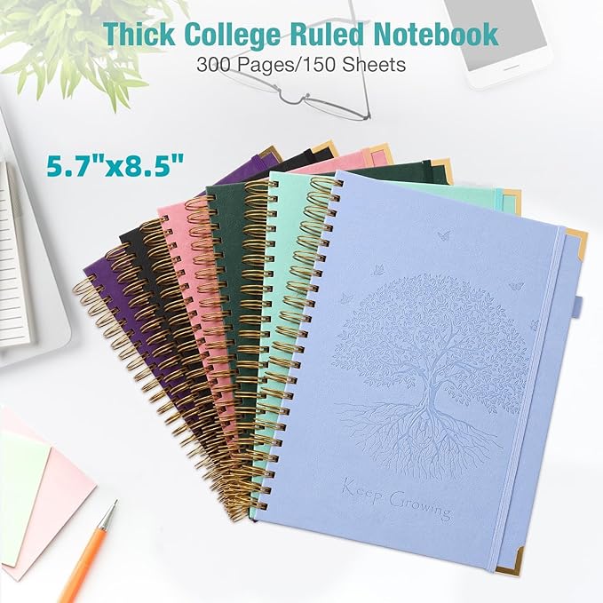 Spiral Notebook, College Ruled Notebook, A5 300 Pages Leather Journals for Writing, 5.7" x 8.5" Hardcover Journaling Notebooks for Work School, 24pcs Tabs, Large Embossed Journal for Women Men, Purple