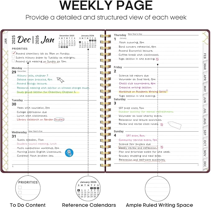 2026 Planner, Weekly and Monthly Calendar Planner, January 2026 - December 2026, Hardcover 2026 Calendar Planner Book with Tabs For Women & Men, Inner Pocket, Spiral Bound, Perfect for Office Home School Supplies - A4 (8.5" x 11"), Burgundy