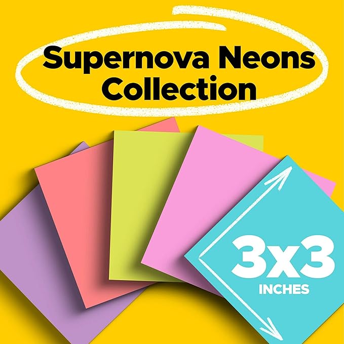 Post-it Super Sticky Notes, 24 Sticky Note Pads, 3 x 3 in., School Supplies, Office Products, Sticky Notes for Vertical Surfaces, Monitors, Walls and Windows, Supernova Neons Collection