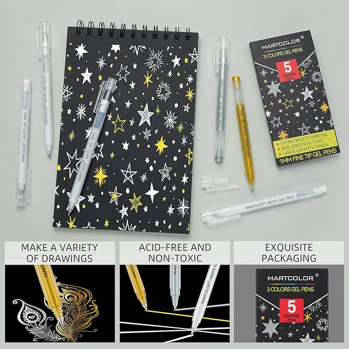 Gold Silver White Gel Pens, 5 Pack, 1 mm Extra Fine Point 3 Colors Gel Ink Pens Set, Opaque White Archival Ink Pens for Black Paper Drawing, Sketching, Illustration, Card Making