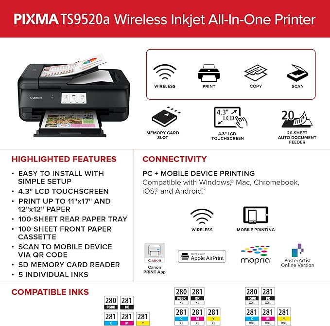 Canon PIXMA TS9520a – Wireless Home All-in-One Inkjet Printer