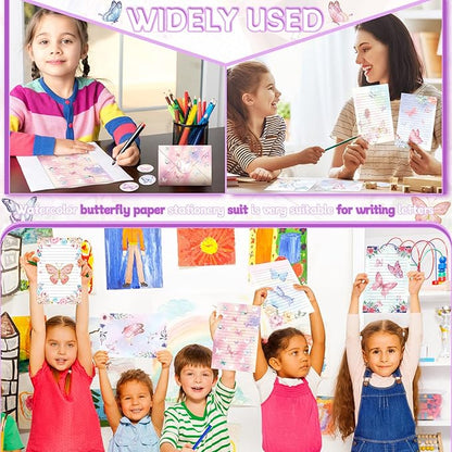 TaoBary 160 Packs Stationery Paper Set (50 Double Sided Stationery Writing Papers 50 Matching Envelopes) 60 Round Dot Sticker, 10 Design(Watercolor Butterfly,5.5 x 8.25 Inch)