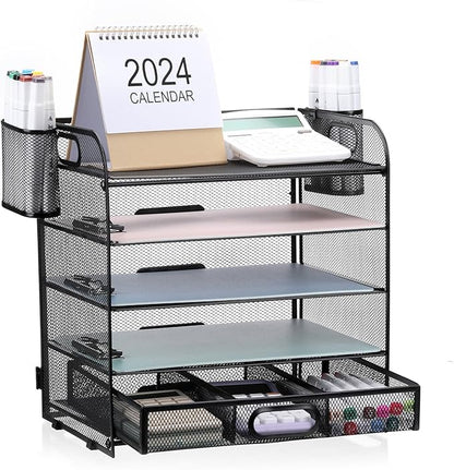 5-Tier Letter Tray Desk Organizer with Drawer and Pen Holder, Mesh File Organizer with Handle, Office Supplies Document Paper Sorter Desk Organization for Home Office, Black