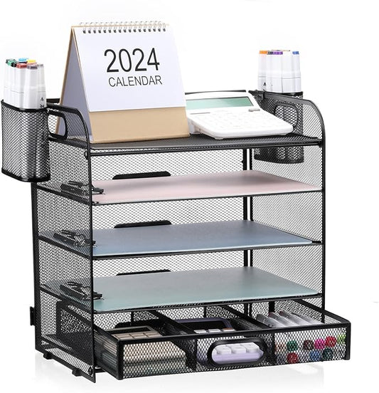 5-Tier Letter Tray Desk Organizer with Drawer and Pen Holder, Mesh File Organizer with Handle, Office Supplies Document Paper Sorter Desk Organization for Home Office, Black