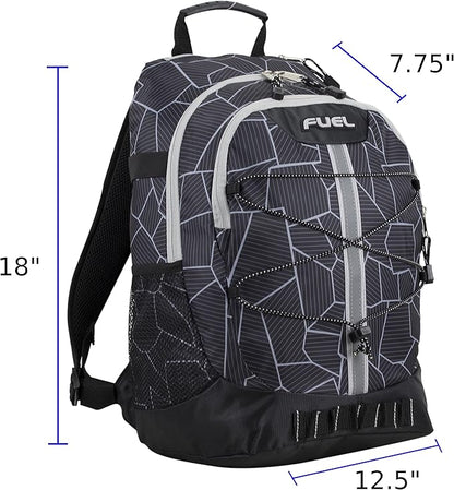 FUEL Hiking Backpack for Women Men Terra Sport, Travel, College, Gym, Work with Laptop Sleeve, Bungee, 18 Inches, Black Geometric