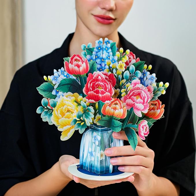 Paper Love 3D Pop Up Flower Bouquet Card, Wonderland, with Detachable Paper Flowers For Anniversay, Wedding, Thank You, Mother's Day - Jumbo 10" x 14" Card - Includes Envelope and Note Tag