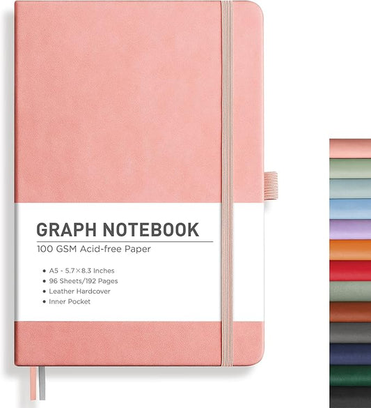 RETTACY Graph Paper Notebook, A5 Grid Notebook Journal with 192 Pages, 5.7'' × 8.3'', Medium Size, Leather Hardcover, 100 GSM Thick Paper, for Students, Homework, Math, Engineering (Pink)