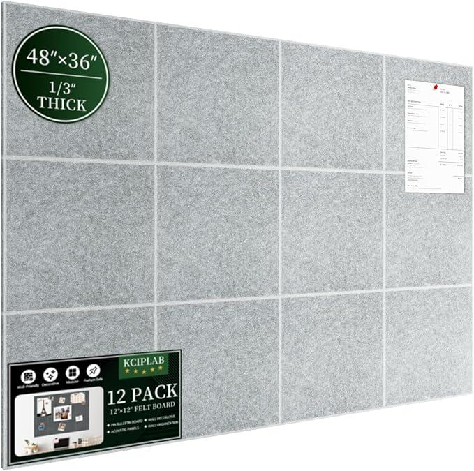 Large Cork Bulletin Board for Wall 48"x36", 12 Pack Felt Wall Tiles with 80 Pushpins, 60 Safe Removable Adhesive Tabs, Decorative Pin Board Tack Board for Office Home School, Silver Grey