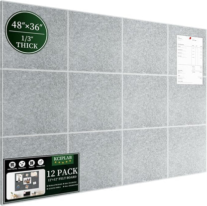 Large Cork Bulletin Board for Wall 48"x36", 12 Pack Felt Wall Tiles with 80 Pushpins, 60 Safe Removable Adhesive Tabs, Decorative Pin Board Tack Board for Office Home School, Silver Grey