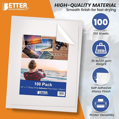 Better Office Products Self-Adhesive Photo Paper, Sticky Photo Paper, Glossy, 8.5 x 11 Inch, 100 Sheets, 135 gsm, Letter Size, 100 Count Pack