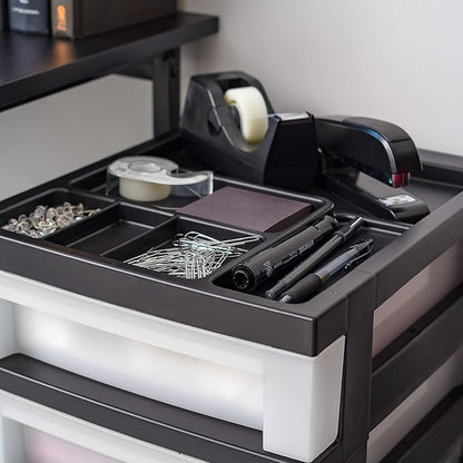 IRIS 3 Drawer Storage Cart - Plastic Organizer for Classroom Supplies, Art Supplies, Small Parts, Pearl/Black