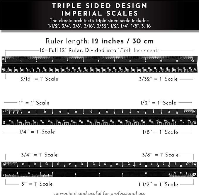 12-Inch Architectural and Engineering Scale Ruler Set (Imperial) | Laser-Etched Aluminum Triangular Drafting Tool | for Architect and Civil Engineer Blueprints | Standard Metal Ruler Included
