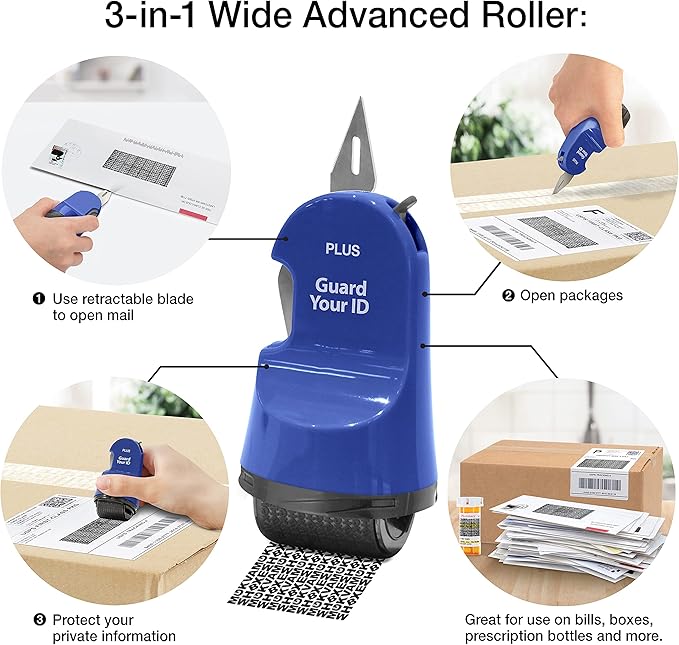 Guard Your ID 3 in 1 Wide Advanced Roller with Retractable Box & Envelope Opener and Identity Theft Prevention Security Stamp Blue