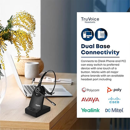 TruVoice Agent AW50 2-in-1 Wireless Headset with Noise Canceling Microphone for Desk Phone and PC | 500 FT Maximum DECT Range (15 x Bluetooth Distance) - Remote Answer Capability with Additional EHS