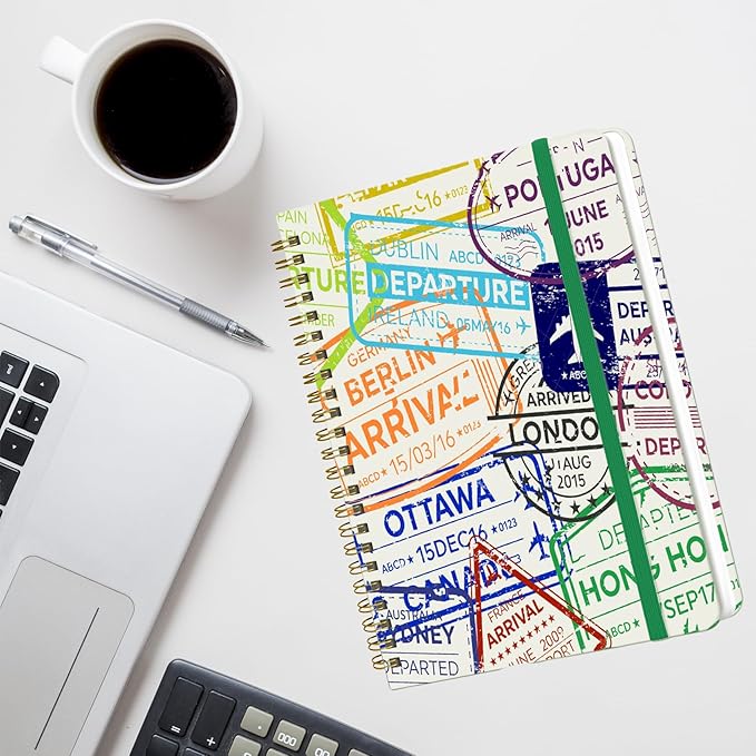 Spiral Notebook - A5 Spiral Notebooks, 8.3'' × 5.8'', 160 Pages, Aesthetic Journaling Notebooks for Women, College Lined Notebook with Elastic Closure, Back Pocket, for School Office, stampA