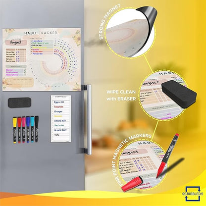 Habit Tracker Journal Workout Motivation Fridge Calendar Dry Erase 13” X 17” Magnet Health Fitness Goal Tracker Goals Board - with Shopping Grocery List - 6 Markers Included