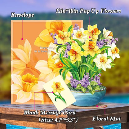 Airpark Pop Up Cards, 12‘’ English Daffodils, Paper Flowers Bouquet 3D Popup Greeting Cards with Blank Note Card and Envelope for Birthday, Get Well Cards Gifts for Women Her
