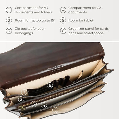 Time Resistance Leather Briefcase for Men - Business Laptop Bag - Italian Handmade Leather Bag - Attache - Gift Box Included