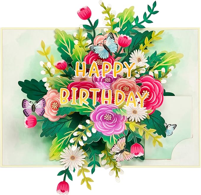 Happy Birthday Pop Up Card, Flowers and Butterflies, Floral 3D Greeting Card, Gift for Mom, Sister, Women, Grandma, Stepmother, Aunt, Daughter, 5x7 - Includes Envelope And Message Note