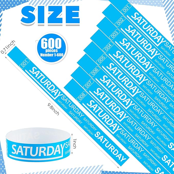 Henoyso 600 Pcs Saturday Paper Wristbands Event Wristbands Paper Bracelets Wristbands Numbered Waterproof Party Wristbands for Events Day of The Week(Blue)