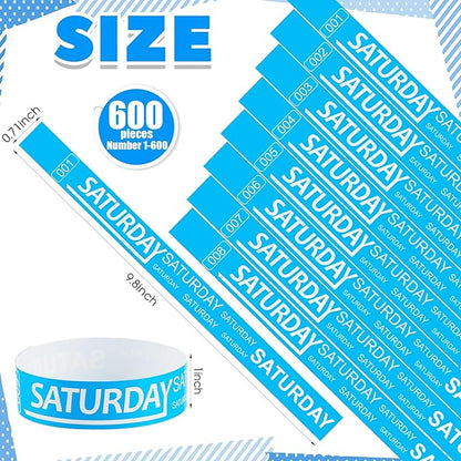Henoyso 600 Pcs Saturday Paper Wristbands Event Wristbands Paper Bracelets Wristbands Numbered Waterproof Party Wristbands for Events Day of The Week(Blue)