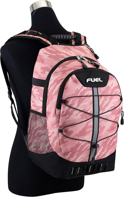 FUEL Hiking Backpack for Women Men Terra Sport, Travel, College, Gym, Work with Laptop Sleeve, Bungee, 18 Inches, Pink Camo