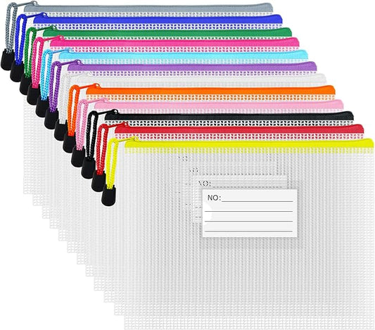 AUSTARK Plastic Mesh Zipper Pouch, 12Pcs Zipper File Bags with Label Pocket, A5 Size 9.2x6.7in, White