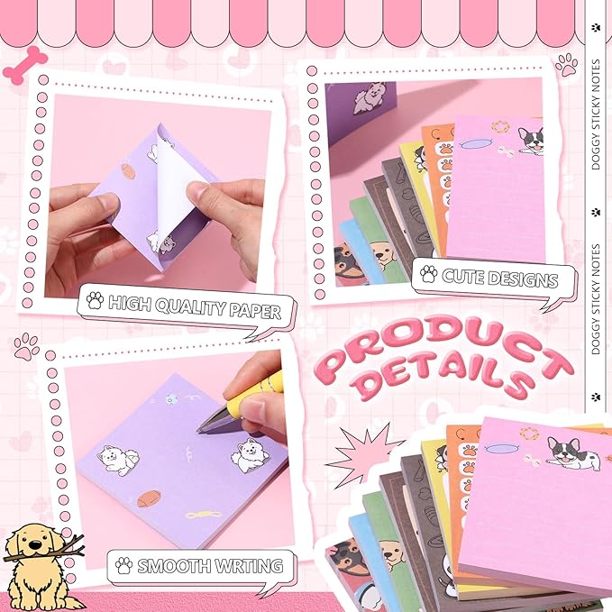 9 Pads Cute Sticky Notes Cartoon Animal Self Stick Notepads 3x3 Inches Notes Adhesive Memo Pad Office Decor Gifts for Students School Office Meeting (Dog)